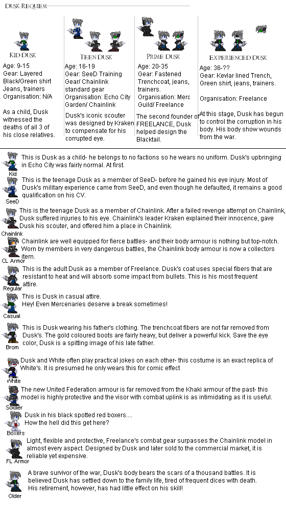 Dusk timeline and costumes